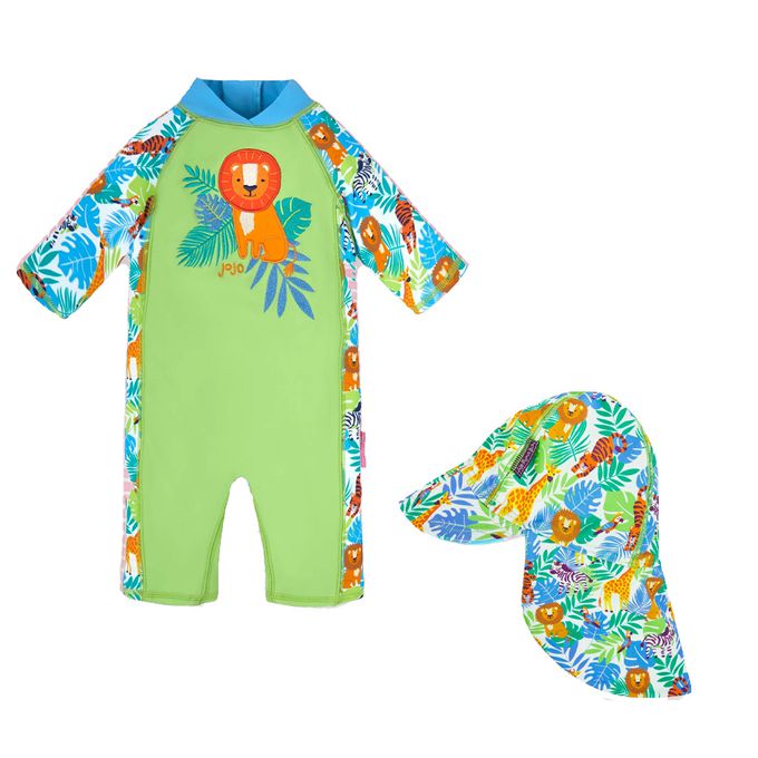 英國 JoJo Maman BeBe - 連身式泳裝+防曬護頸遮陽帽-叢林探險_JJH9679+叢林探險_JJH9682