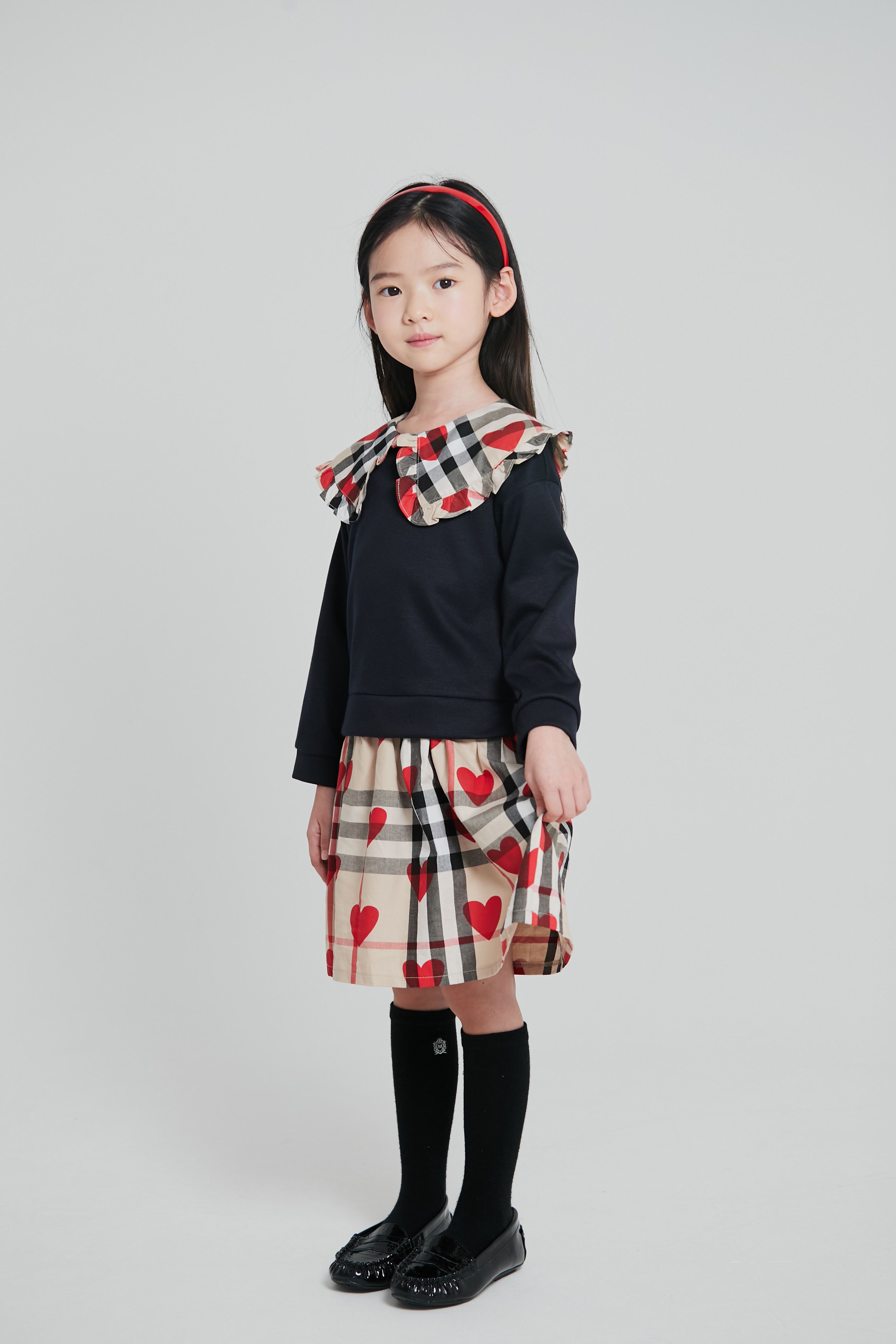 韓國 Coco Bang - 假兩件愛心格紋翻領洋裝-深藍