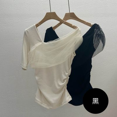 韓國女裝連線 - 單肩造型網紗裝飾袖上衣-黑 (FREE)