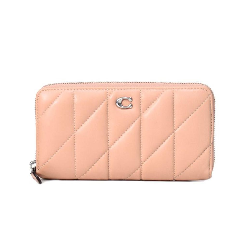 專櫃款高質感車縫皮革拉鍊長夾 (粉膚色)