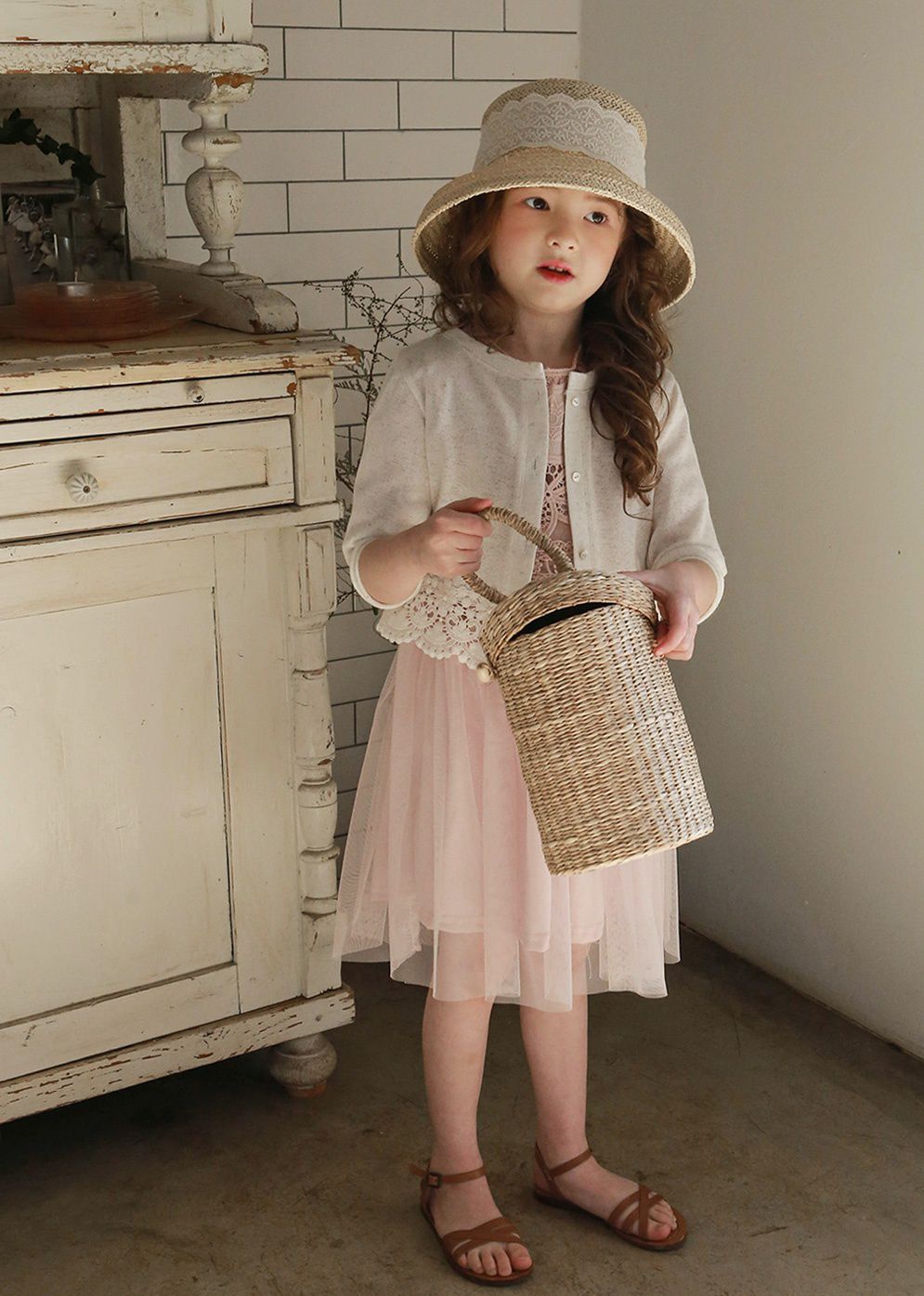 韓國 PuellaFLO - 鏤空花朵圓領網紗洋裝-粉紅