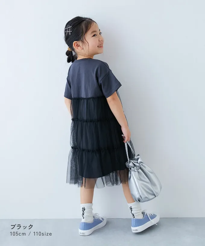 日本 devirock - 柔軟薄紗拼接甜美短袖洋裝-粉紫