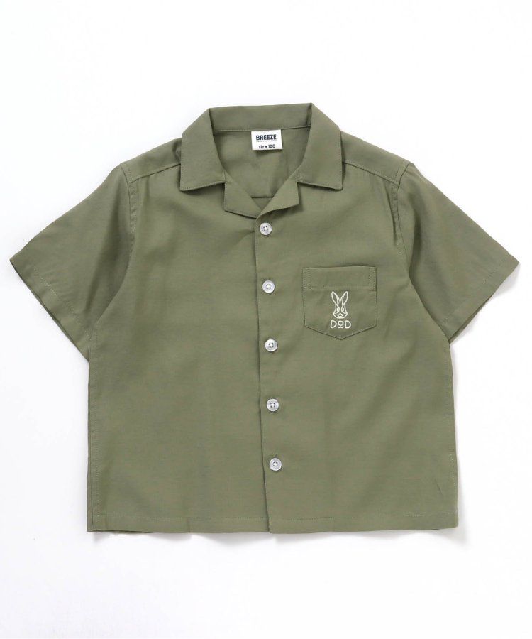 日本 BREEZE - 聯名款 露營風刺繡印花短袖襯衫-軍綠