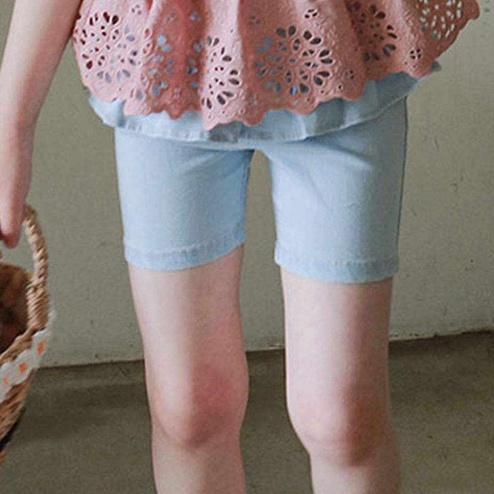 韓國 PuellaFLO - 大蝴蝶結荷葉裝飾緊身褲-天藍