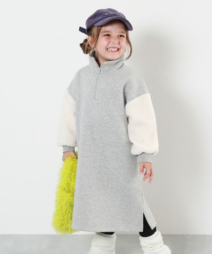 日本 devirock - 裏起毛 半拉鍊溫暖拼接長袖洋裝-深藍