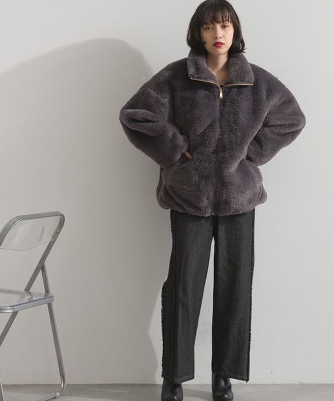 日本 ELENCARE DUE - 奢華毛絨柔軟寬鬆保暖拉鍊外套-灰摩卡