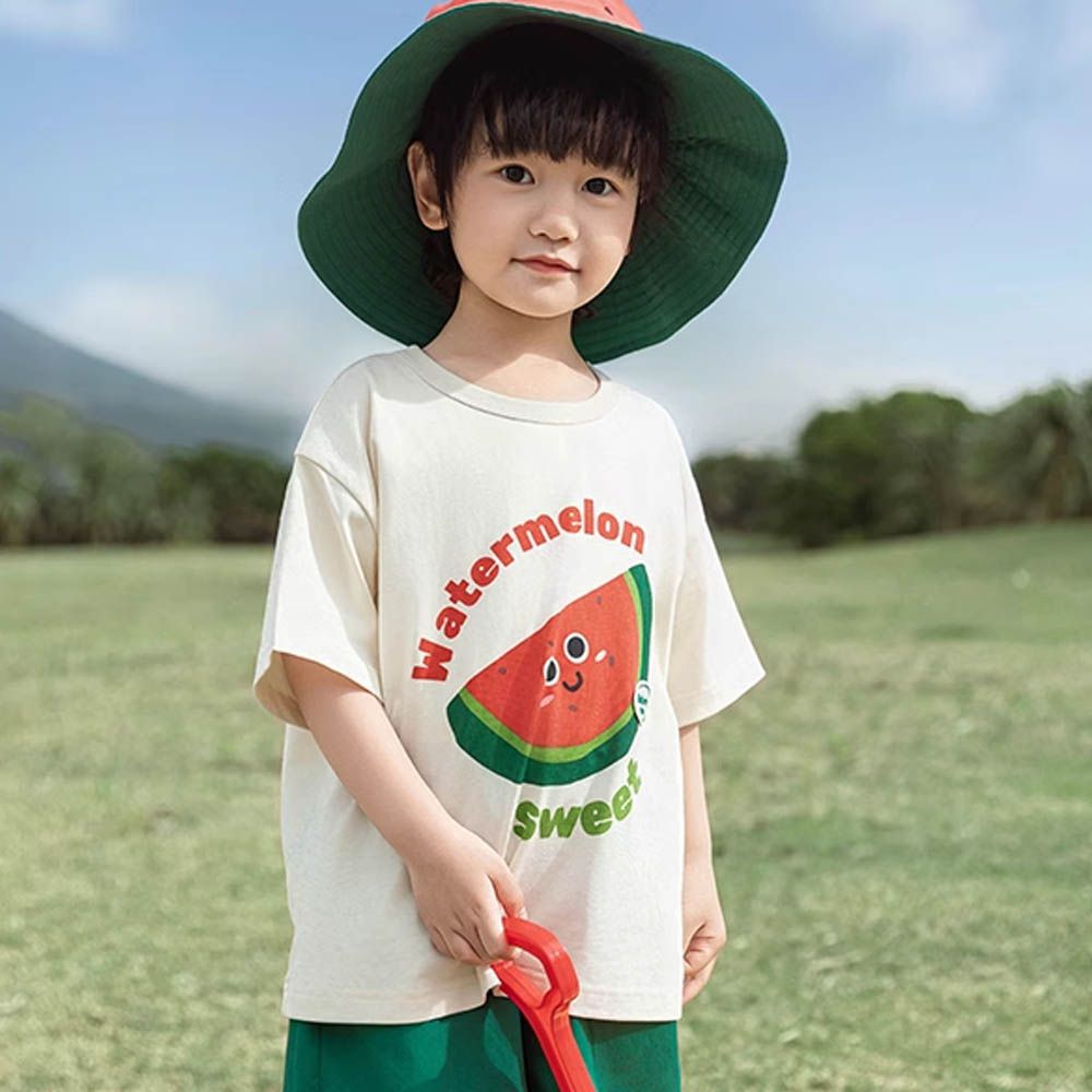 棉質圓領休閒短袖上衣-西瓜-米白