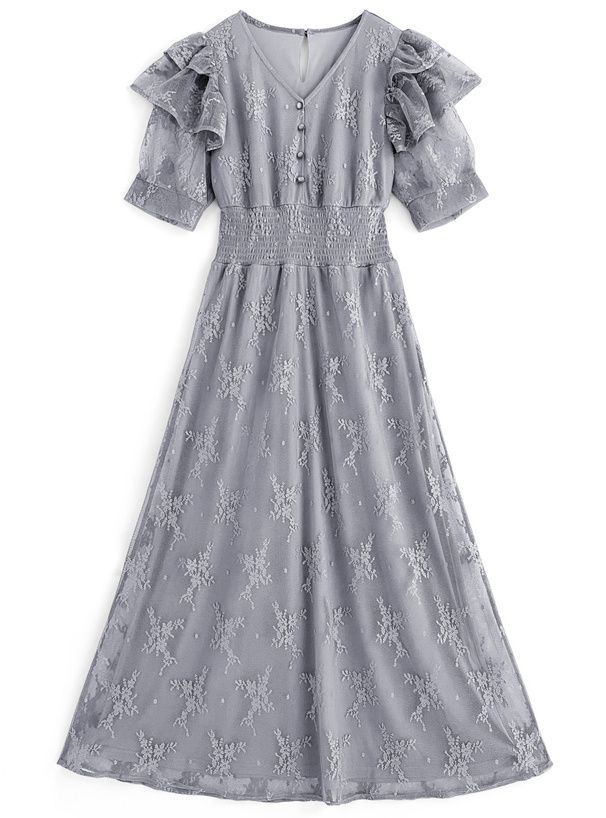 日本 GRL - 浪漫花刺繡薄紗短袖洋裝-星塵藍