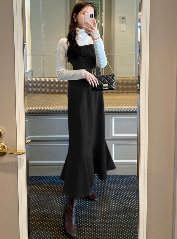 日本 GRL - 質感麂皮修身吊帶魚尾裙(附腰帶)-咖啡