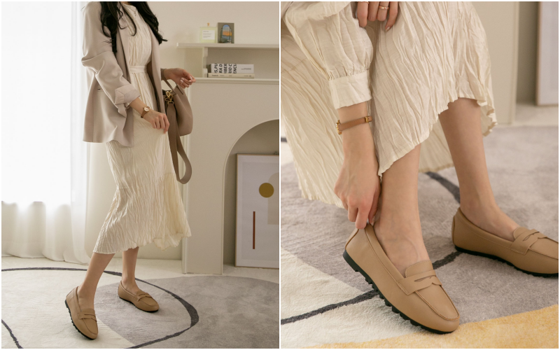 韓國 PINKELEPHANT - 真皮挖洞裝飾樂福鞋(3cm)-米杏