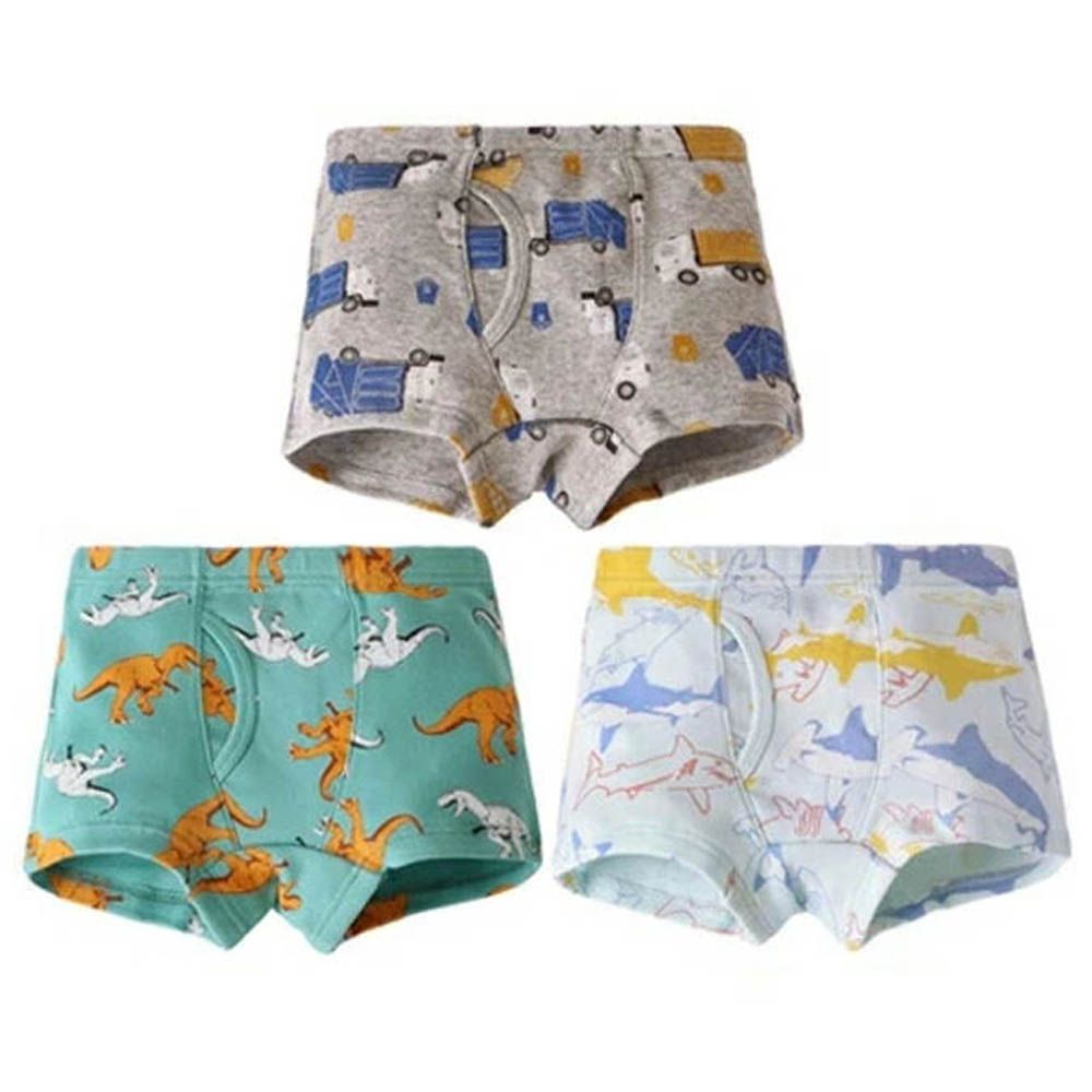 [人氣No.1]純棉透氣男孩內褲(3入)-恐龍x鯊魚x車車-綠藍灰