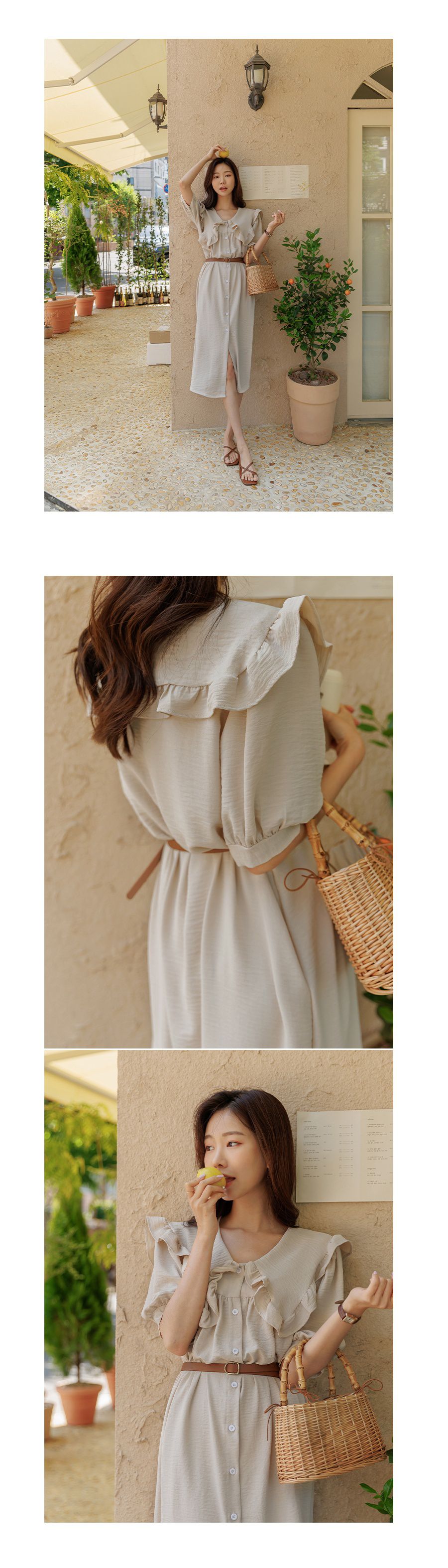 韓國 Urbantheroom - 荷葉滾邊翻領鈕釦洋裝(附腰帶)-杏 (Free)