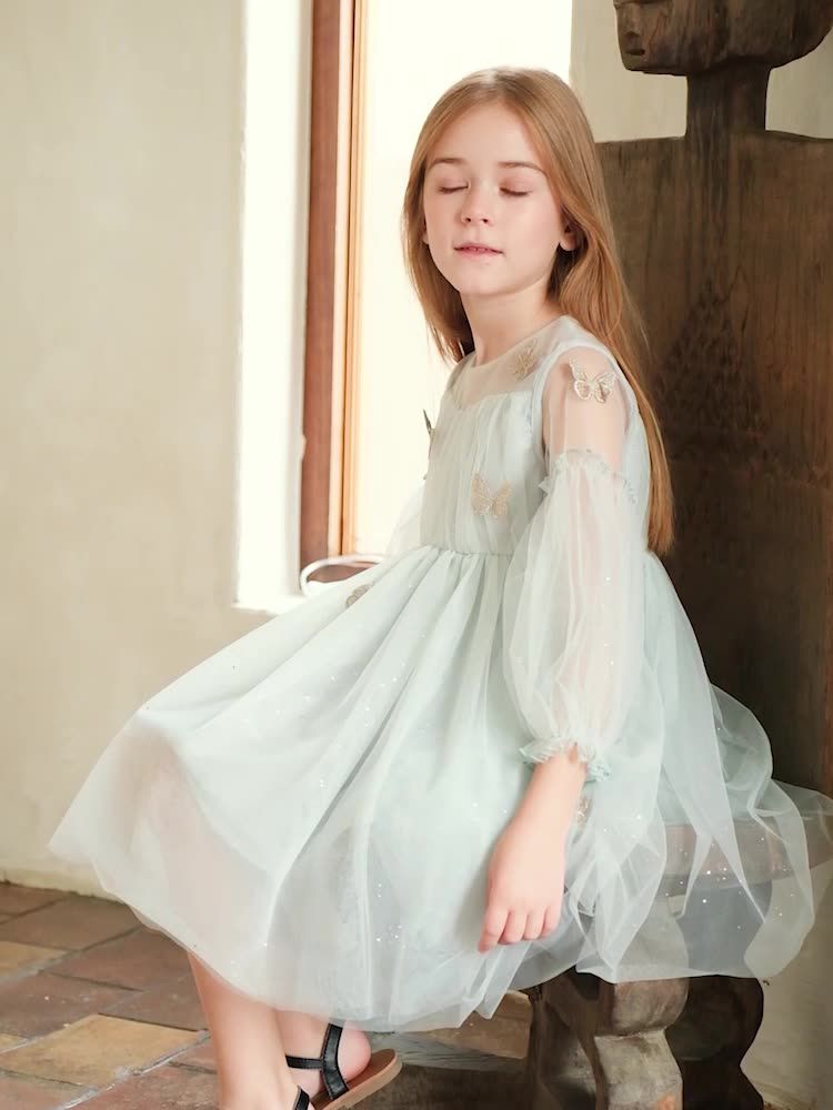 Little Deeyoo - 小仙女七分袖網紗連身洋裝-立體蝴蝶-藍色