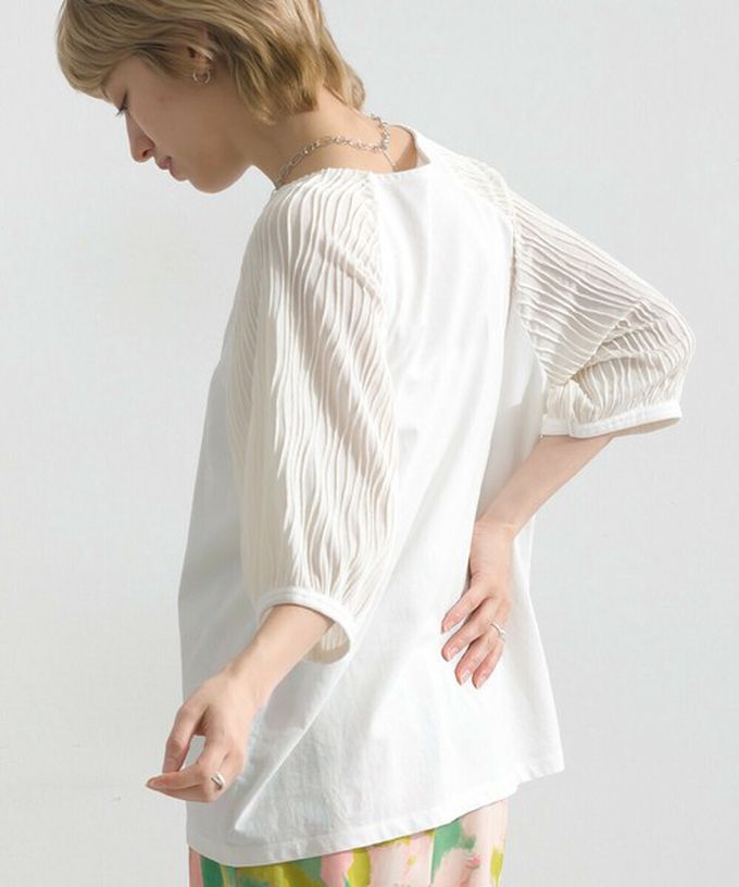 日本 le colis - 優雅立體感波浪五分袖上衣-淺軍綠