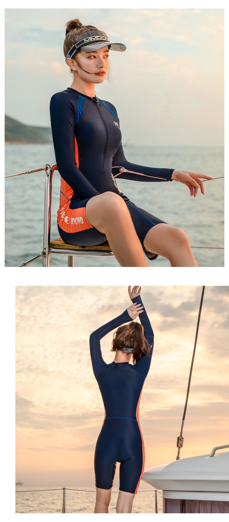 361° - 運動風拼色短袖連身五分褲泳衣-深藍+橘