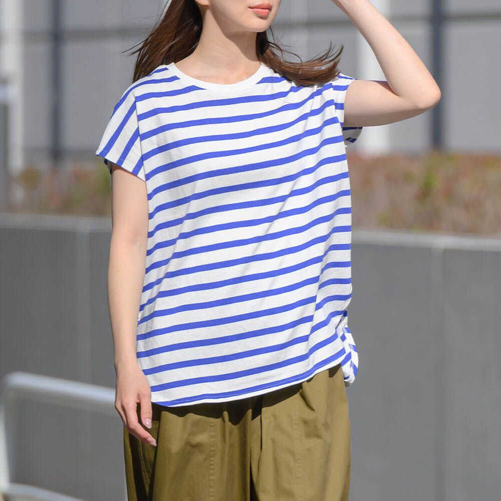 接觸冷感 純棉不易皺法式袖上衣-細條紋-藍x白