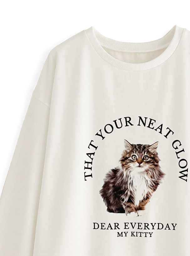 日本 GRL - 棉混圓領貓咪印花長T-虎斑貓-白 (F)