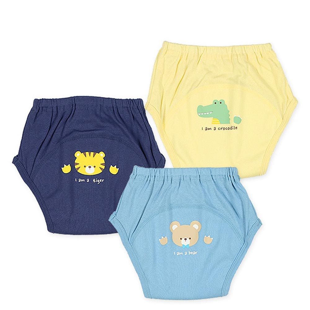 日本西松屋 - 三層密縫式學習褲3件組-熊虎鱷魚-藍黃系