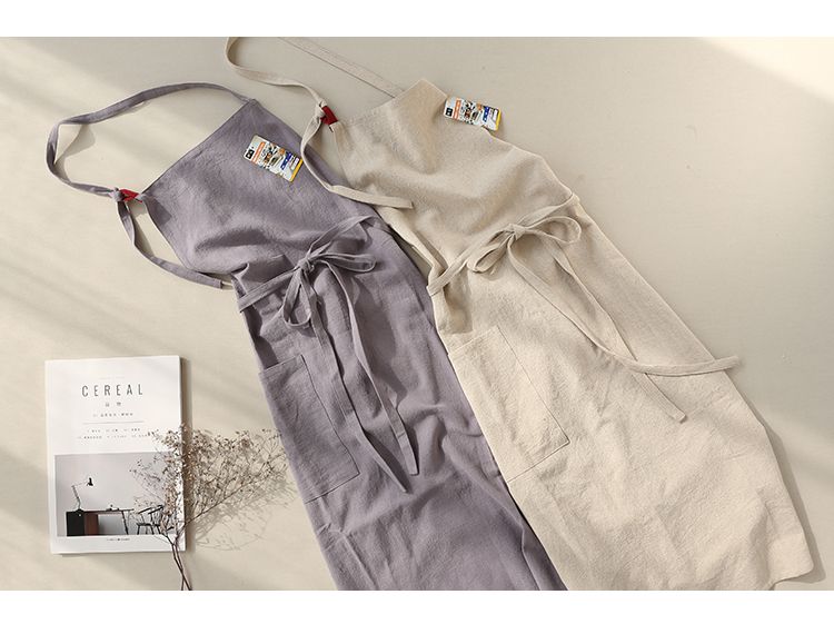 前繫帶雙色棉麻圍裙-灰色