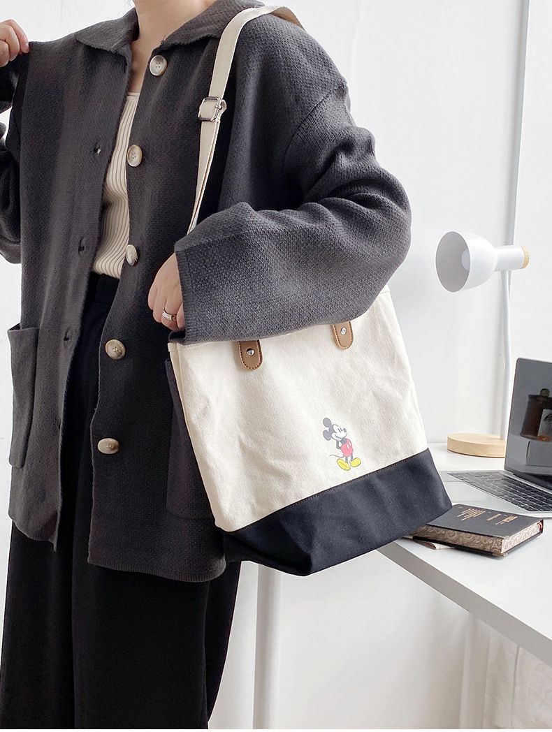 肩背/手提兩用帆布包-卡通米奇-黑色X卡其提帶