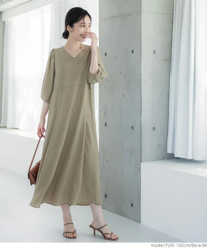 日本 COCA - 顯瘦V領收腰五分袖洋裝-米杏