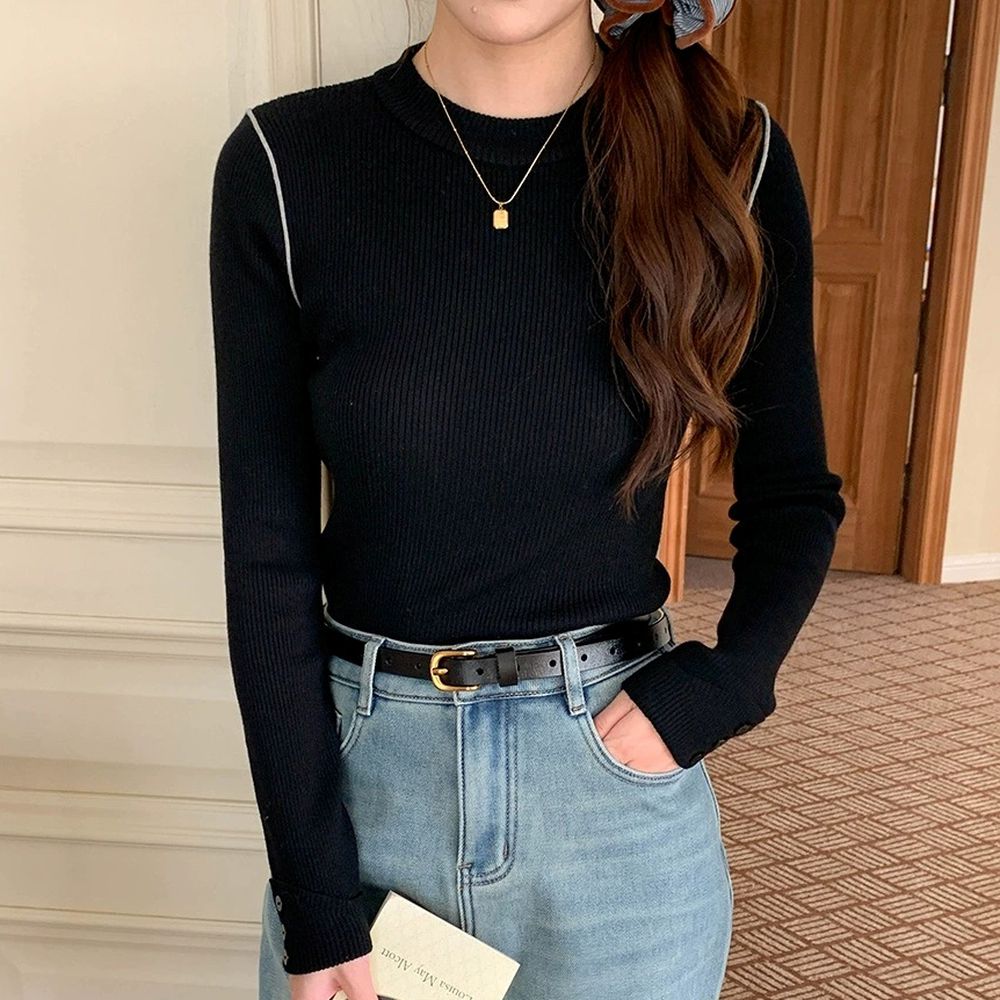 撞色肩線設計感合身長袖針織上衣-黑 (F)