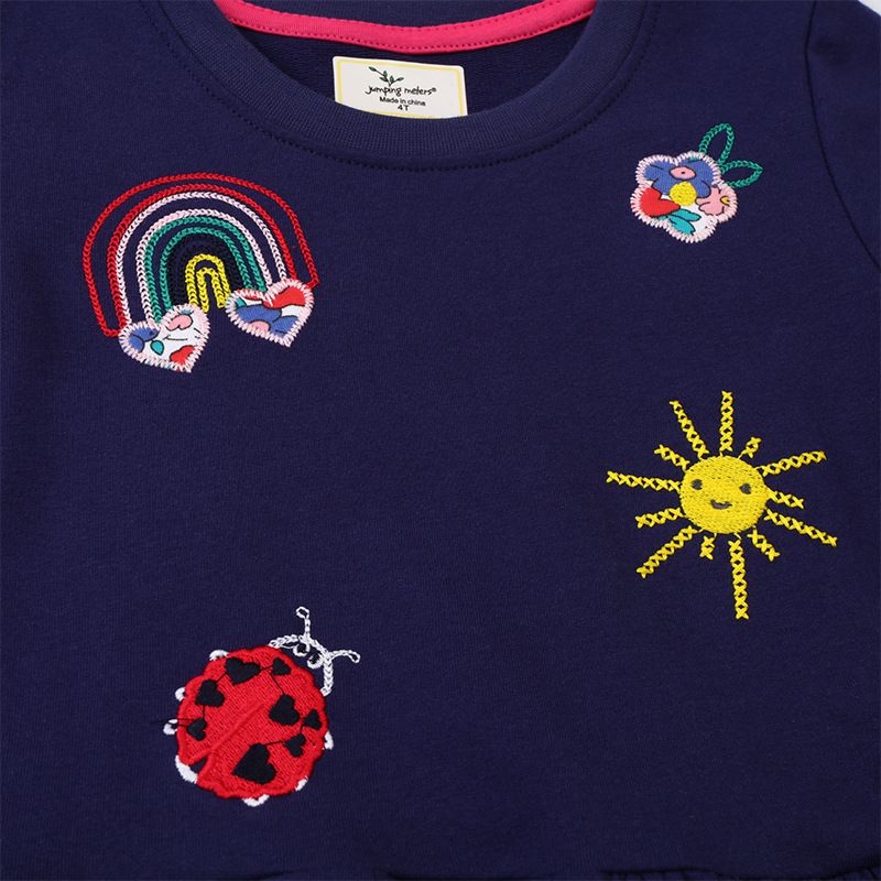 Jumping meters - 棉質圓領長袖連身洋裝-花花與蜜蜂-深藍色