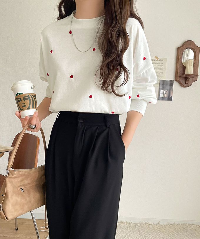 日本 Classical Elf - Java 滿版甜蜜心型長袖上衣-白底x紅