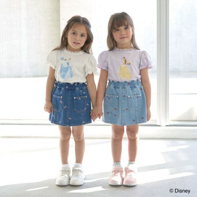 日本 Lycee mine - 甜美刺繡純棉丹寧風褲裙-蝴蝶結-中青