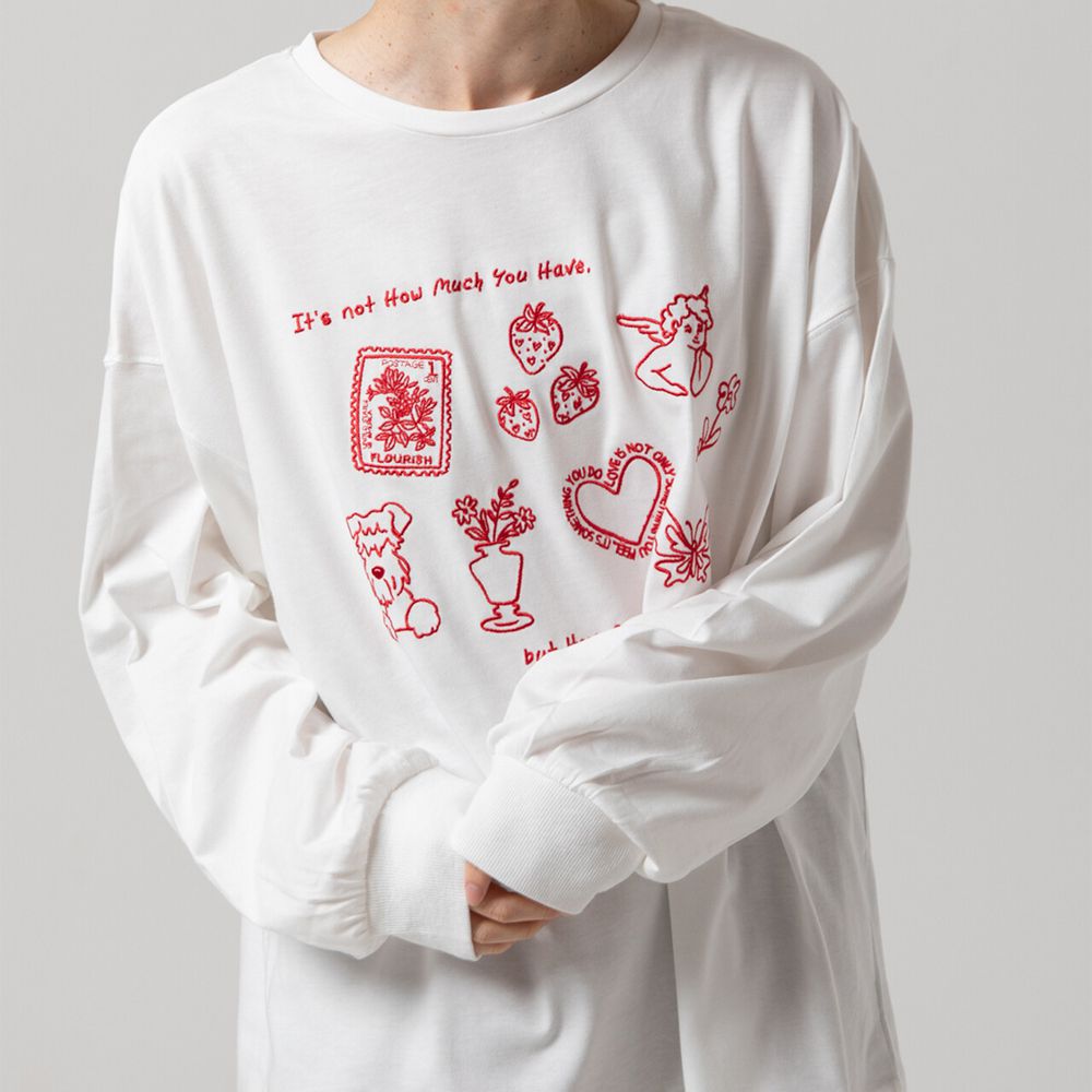 甜蜜刺繡印花休閒寬版長袖T恤-白