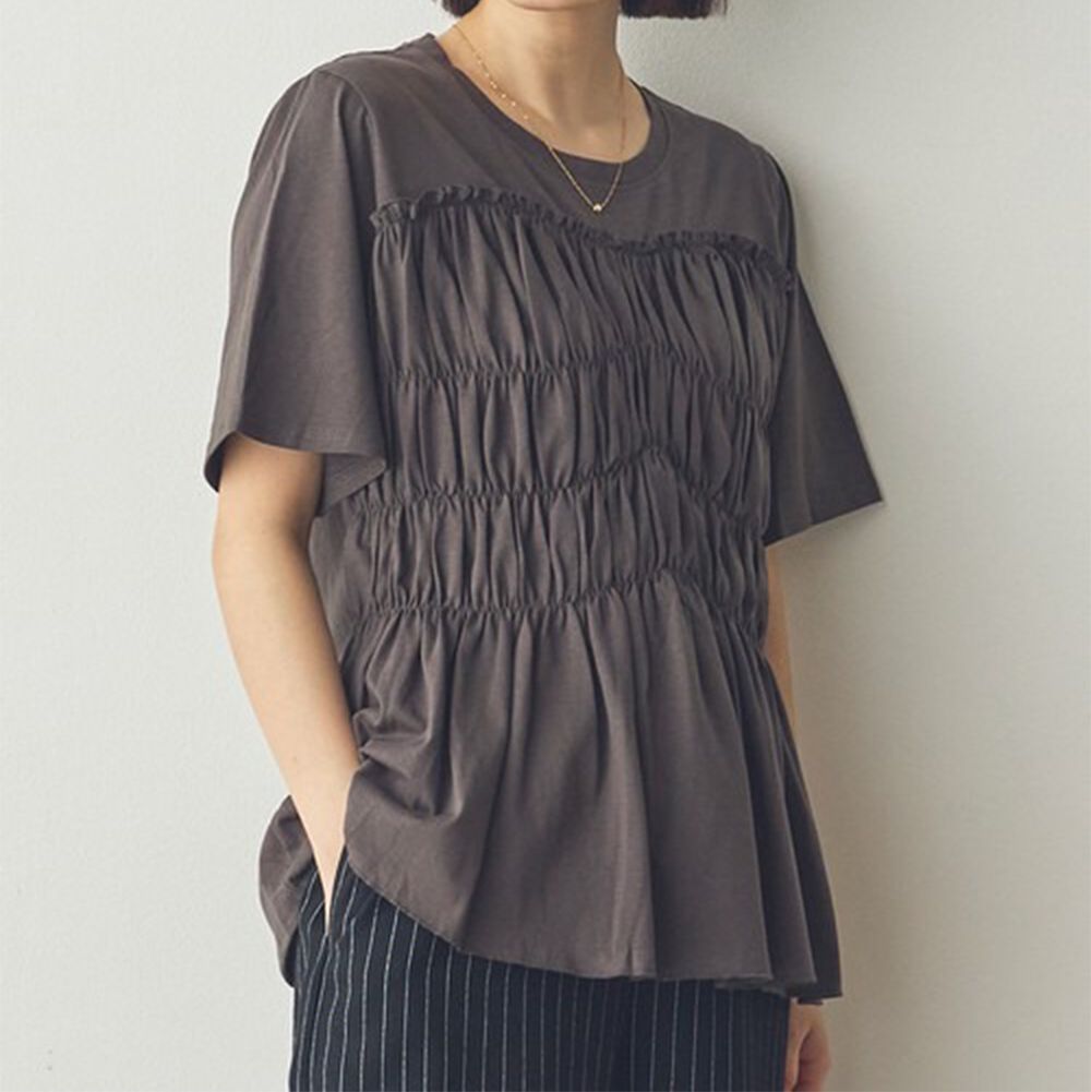純棉多層皺摺設計短袖上衣-炭灰