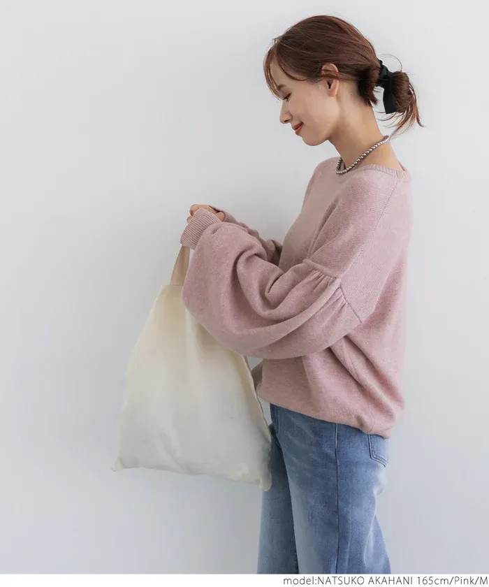 日本 COCA - 澎澎氣球袖圓領針織上衣-粉紅