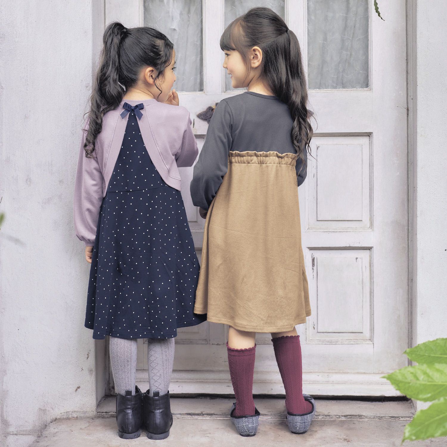 日本千趣會 - 背後蝴蝶結假二件拼接長袖洋裝-棕x灰格紋