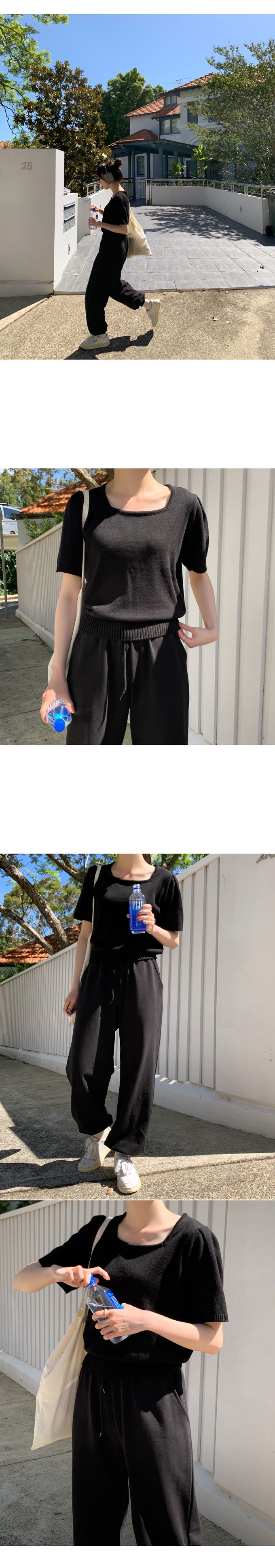 韓國 98doci - 氣質方領針織短袖上衣-黑