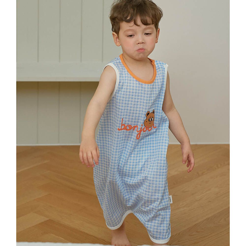 透氣網眼洞洞連身防踢被-格子棕熊-藍