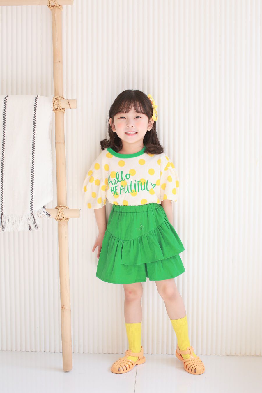 韓國 Dalla - 波點泡泡袖純棉T-黃波點