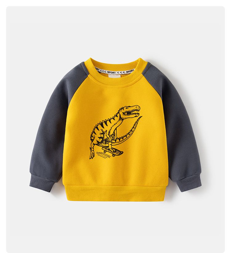 WELLKIDS - 加絨圓領長袖上衣/大學T-滑板暴龍-黃色