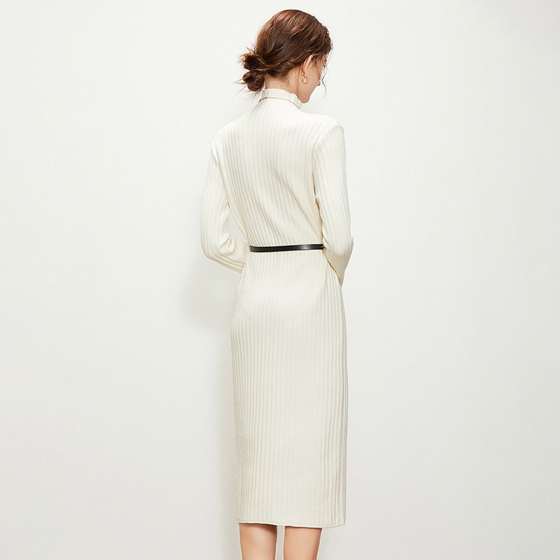 金屬腰帶針織長袖連身裙-黑色