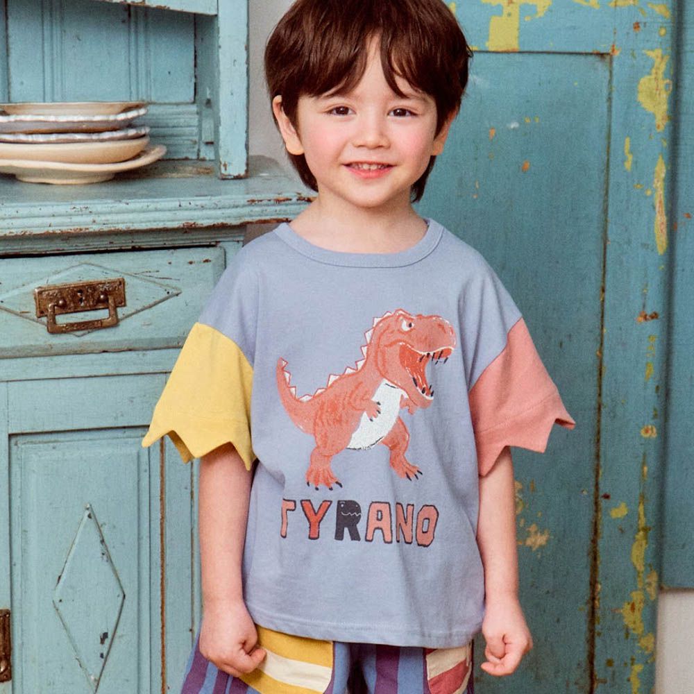 漫畫暴龍造型撞色短袖上衣-灰藍