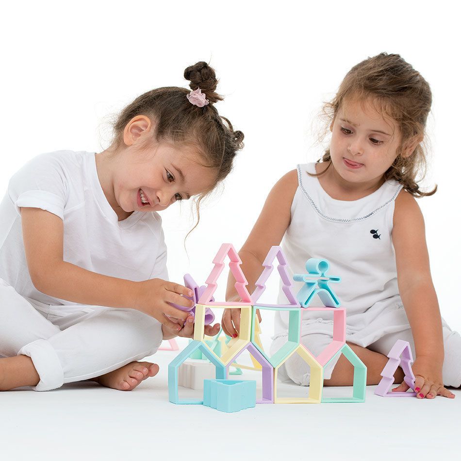 西班牙 dëna - 多功能益智軟積木/疊疊樂 小人物+小房子-夢幻藍