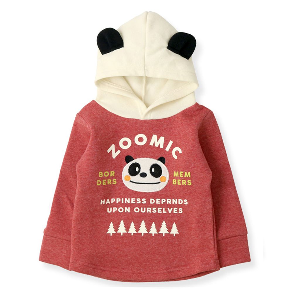 日本 ZOOLAND - 動物耳朵造型裏起毛長袖帽T-熊貓-紅