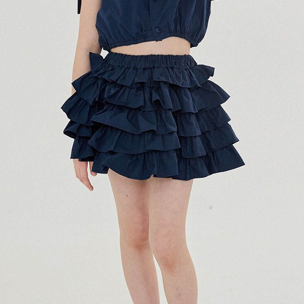 鬆緊腰蓬蓬層次蛋糕裙-海軍藍