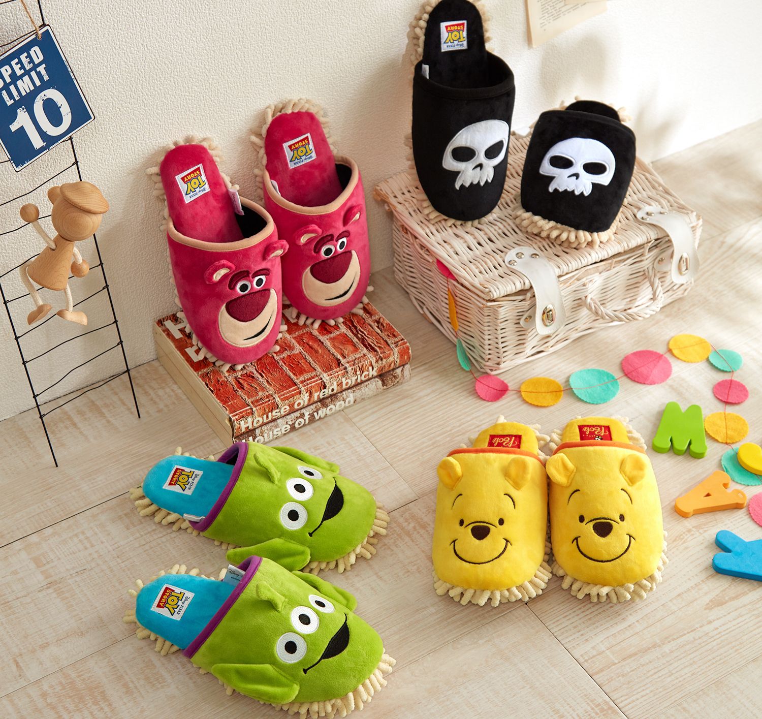 日本千趣會 - 迪士尼可拖地室內拖鞋-三眼怪-綠 (23-25cm)