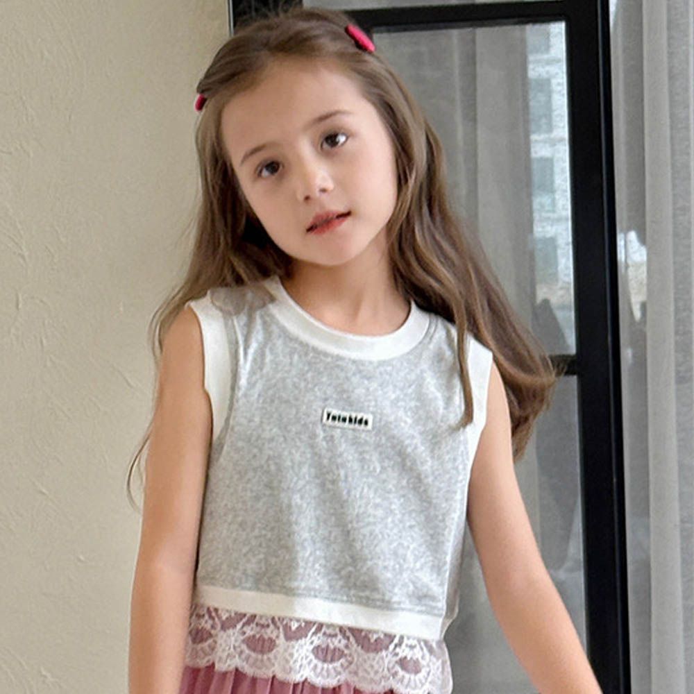 俏皮甜心撞色背心-蕾絲拼接-灰色