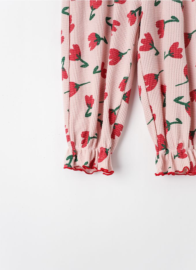 韓國 OZKIZ - 鬱金香鬆餅格紋長袖縮口套裝-紅花