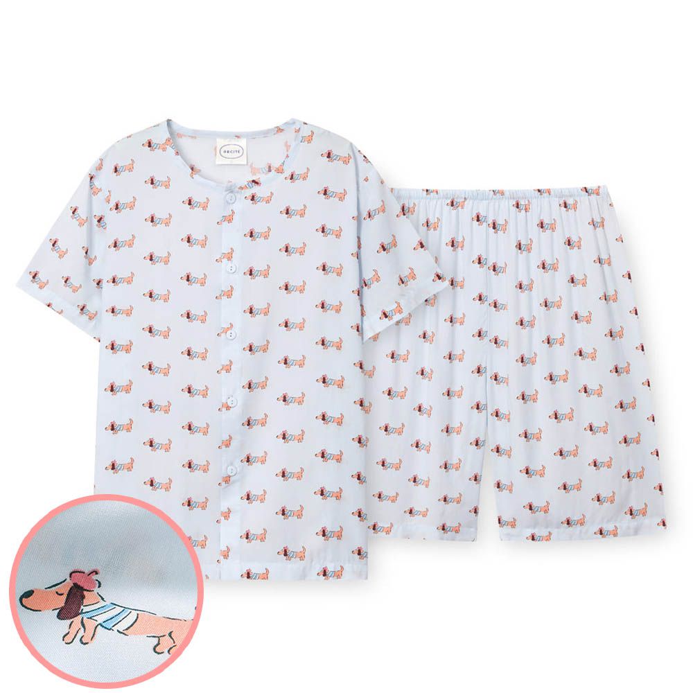 (爸爸)輕柔嫘縈短袖睡衣套裝-臘腸狗-天藍