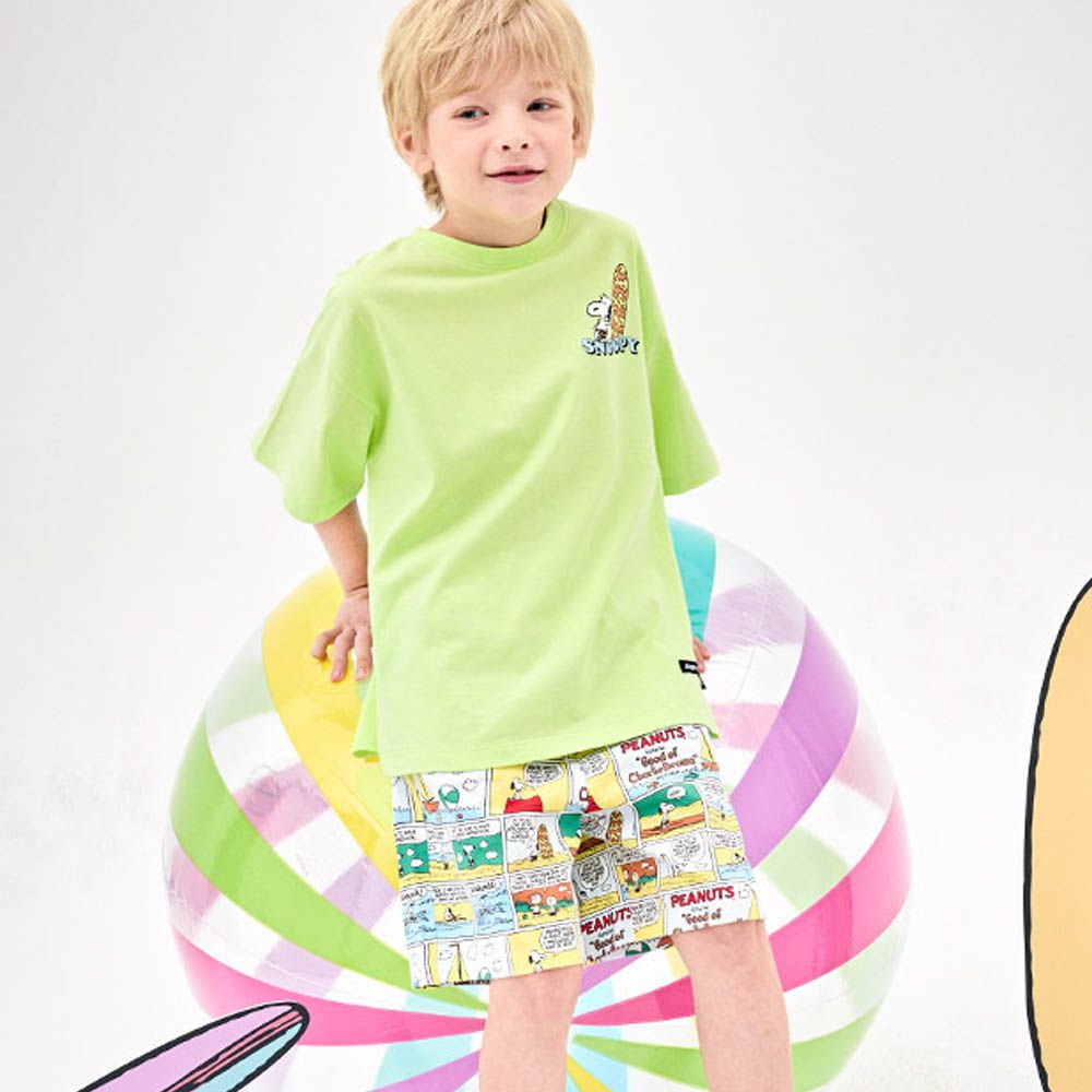 (聯名款)漫畫衝浪風格純棉短袖套裝-卡通人物史努比-螢光綠