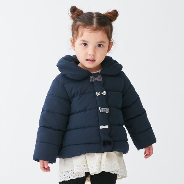 日本 petit main - 可愛蝴蝶結澎澎領鋪棉外套-粉紅