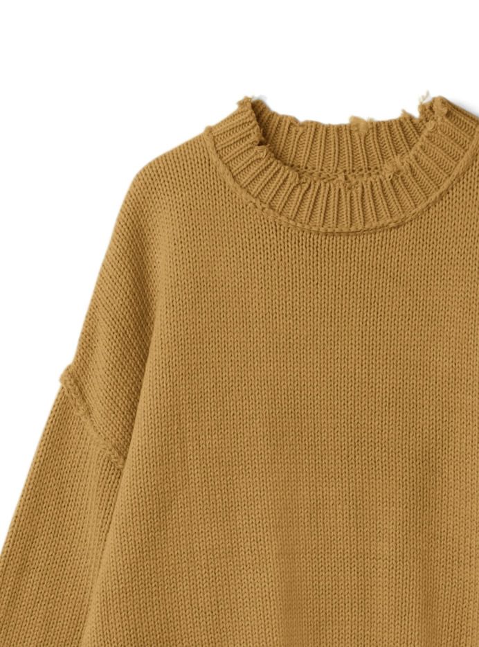 日本 GRL - 寬鬆修身線條微抓破邊衣領針織毛衣-時尚黑