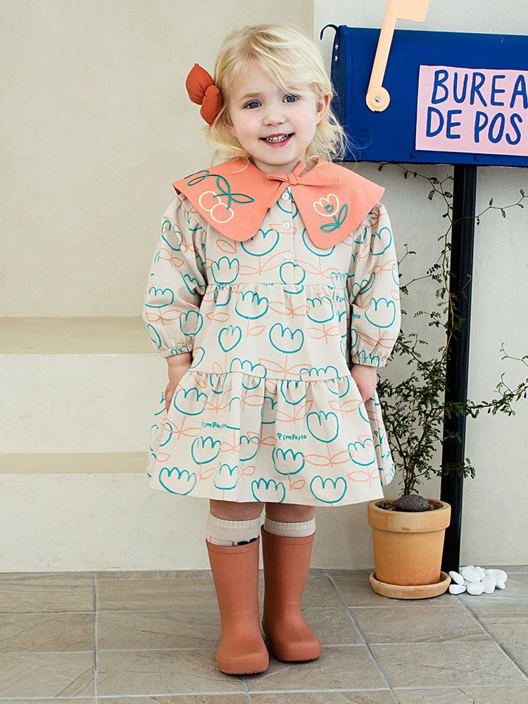 韓國Pimpollo - 可拆翻領可愛花朵洋裝-灰